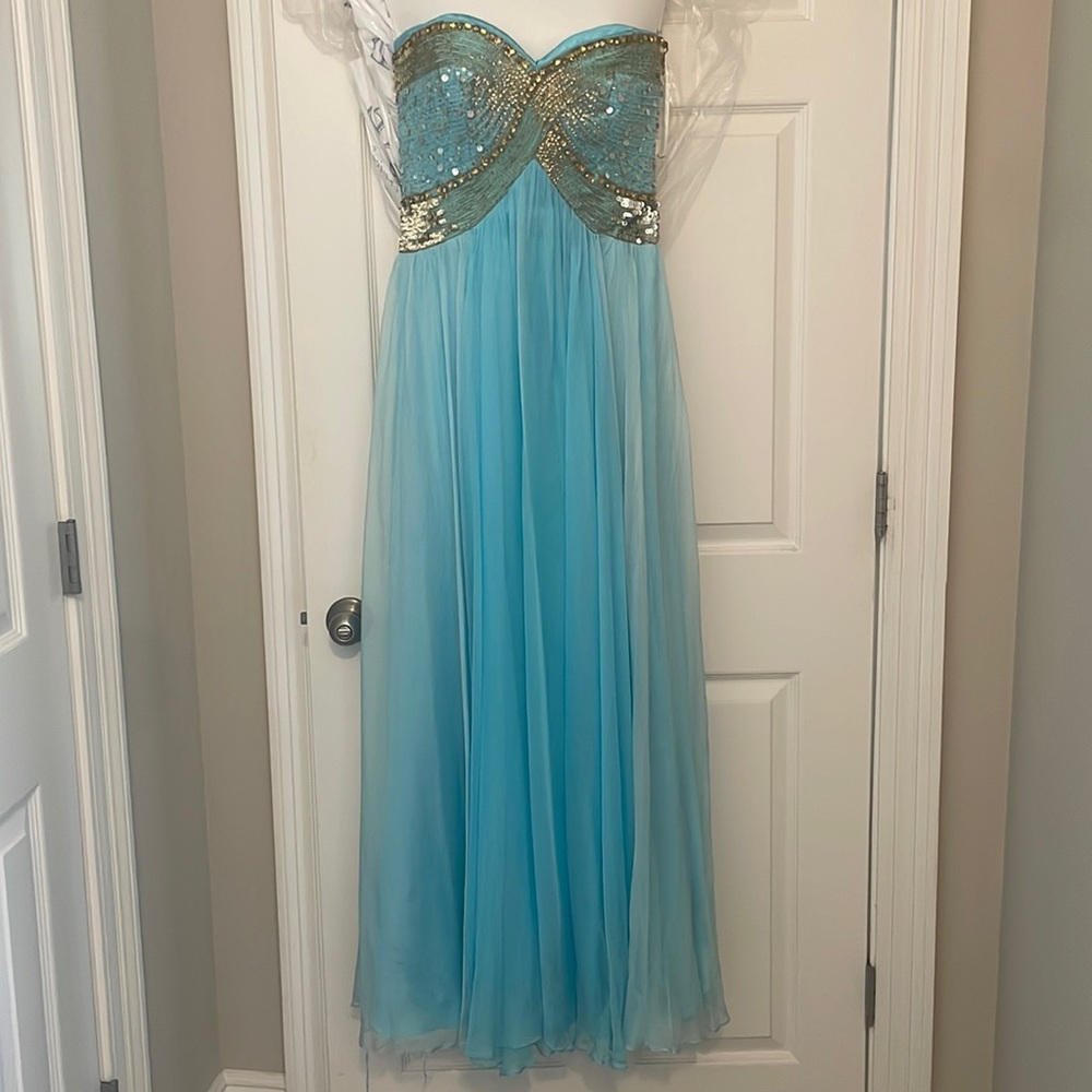 Sherri Hill Blue and Gold Prom Dress